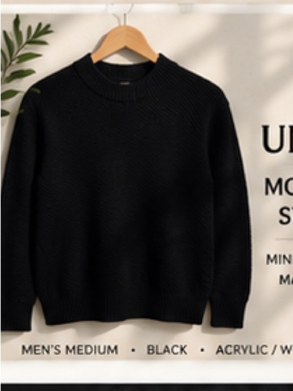 Uniqlo Men’s Medium Black Textured Mock Neck Sweater Acrylic Wool Knit